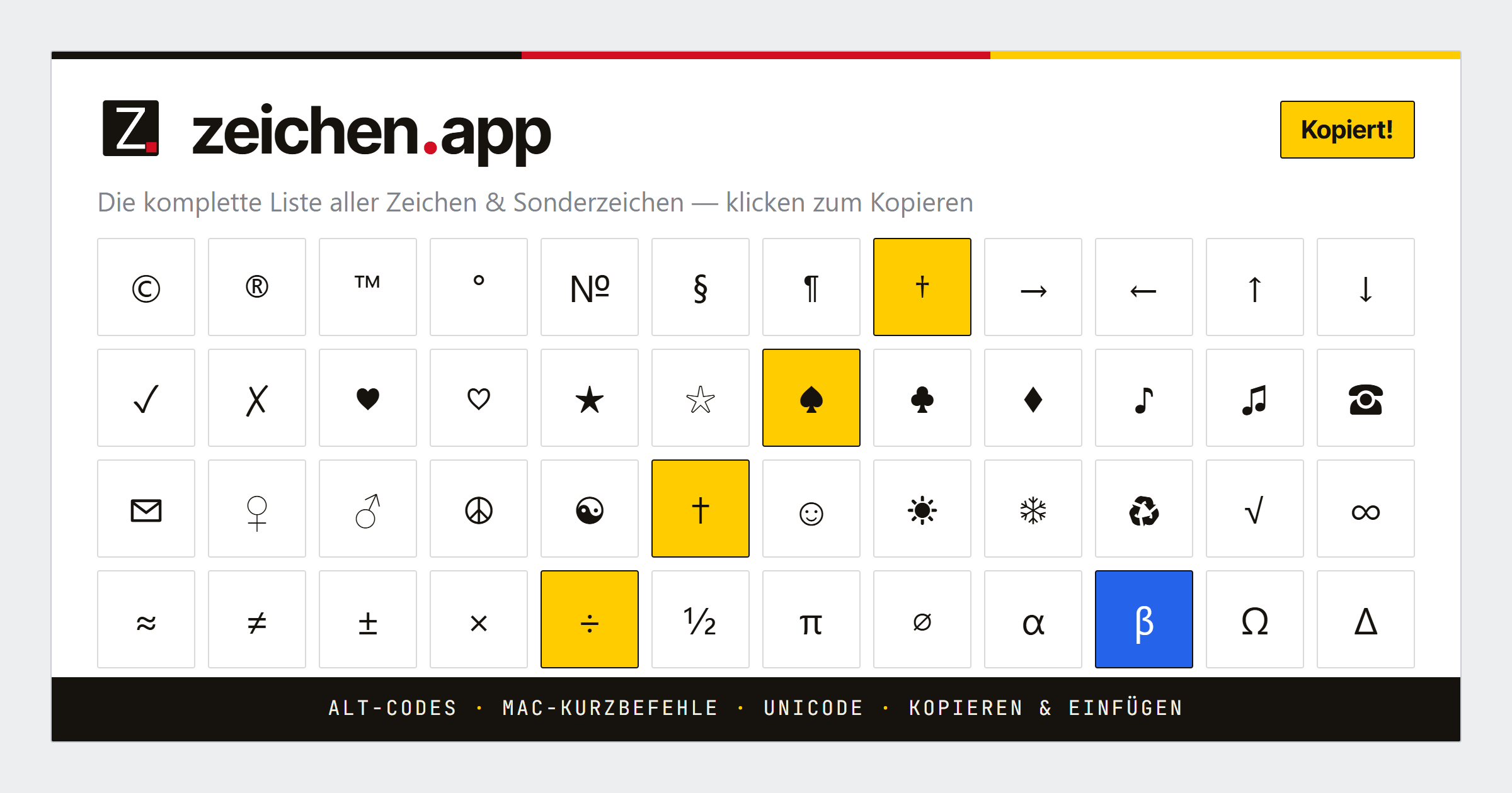 zeichen.app – alle Zeichen zum Kopieren und Einfügen: © ° ★ ♥ √ ∞ € π, Alt-Codes und Tastenkürzel